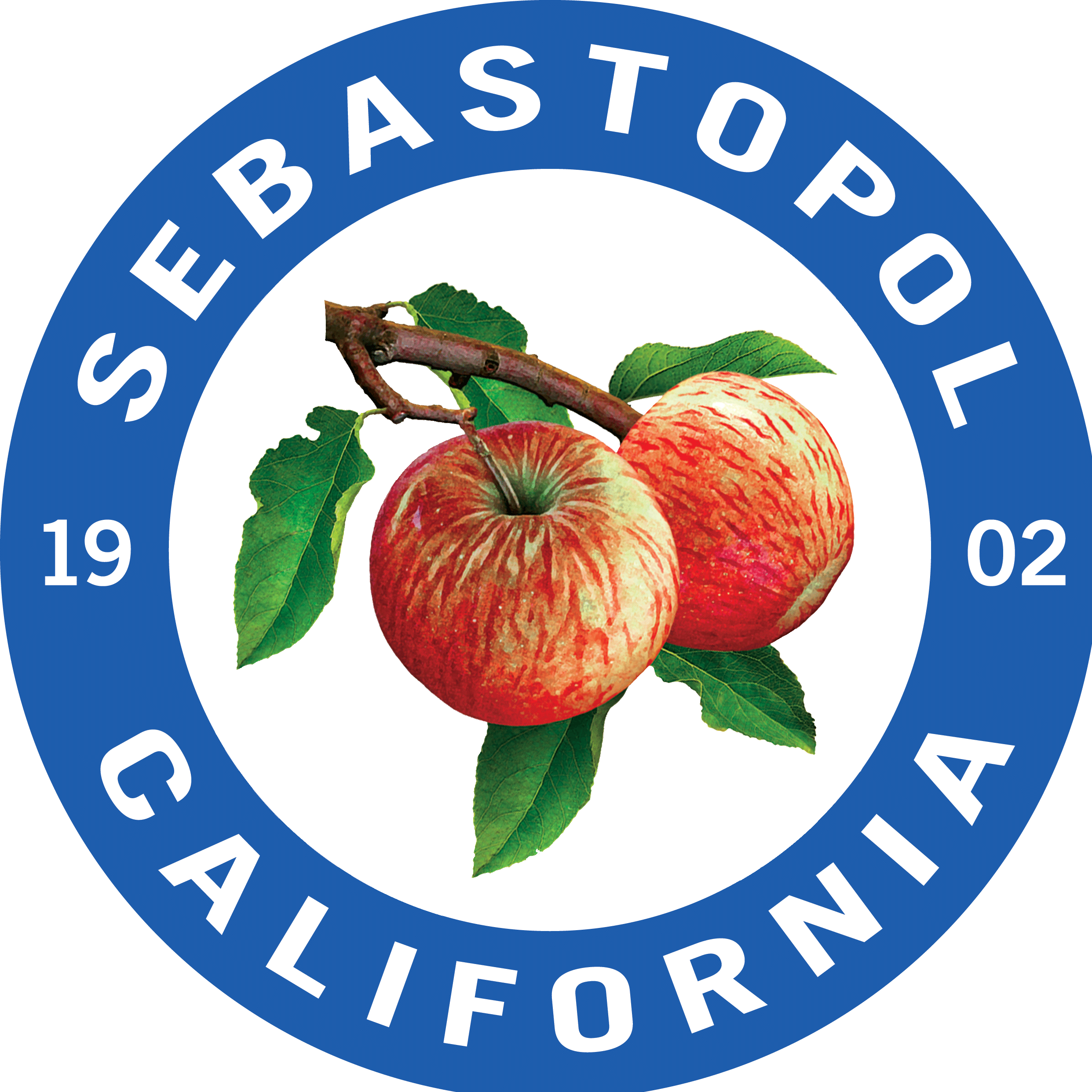 Seal of City of Sebastopol depicting two Gravenstein apples and 1902, the date of founding.