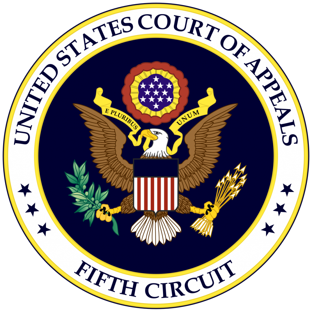 United Court of Appeals, Fifth Circuit, seal of federal appellate court with an eagle holding arrows in one talon and olive branch in the other.